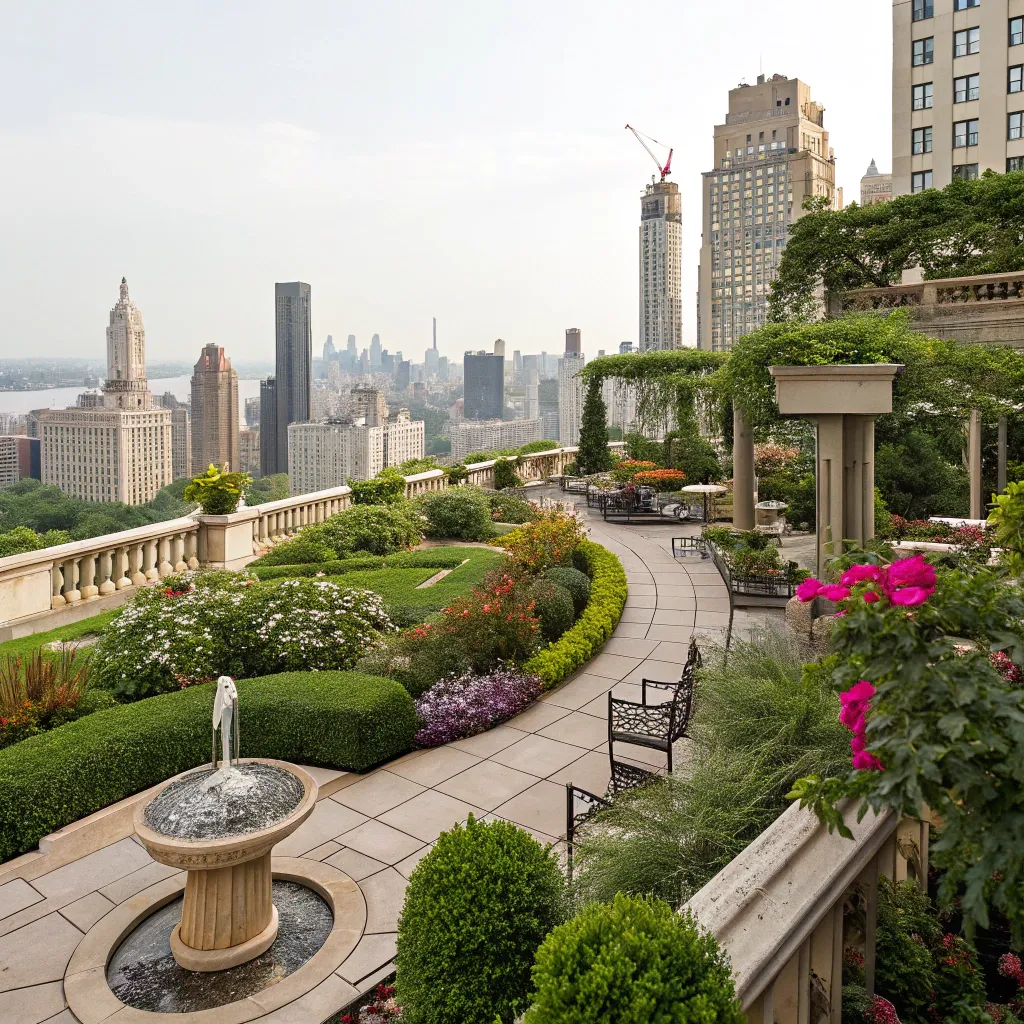A beautifully designed rooftop garden overlooking the city