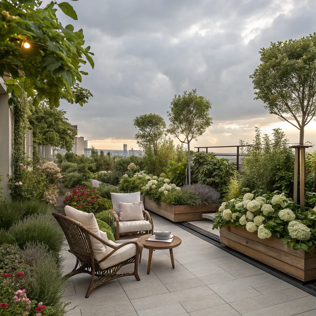 Beautiful rooftop garden with seating area and plants